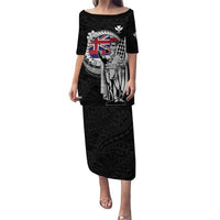 Personalized Hawaii King Kamehameha Family Matching Puletasi and Hawaiian Shirt Flag Polynesian Pattern LT01 Mom's Dress Black - Polynesian Pride