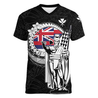 Personalized Hawaii King Kamehameha Women V-Neck T-Shirt Flag Polynesian Pattern LT01 Female Black - Polynesian Pride