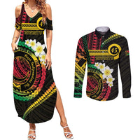 Vanuatu Independence Day Couples Matching Summer Maxi Dress and Long Sleeve Button Shirt Yumi 45th Hapi Indipendens Dei LT01 Black - Polynesian Pride