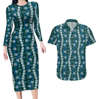 Pikake Maile Tiare Lei Couples Matching Long Sleeve Bodycon Dress and Hawaiian Shirt Polu Lauhala Pattern LT01 Blue - Polynesian Pride