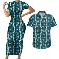Pikake Maile Tiare Lei Couples Matching Short Sleeve Bodycon Dress and Hawaiian Shirt Polu Lauhala Pattern LT01 Blue - Polynesian Pride