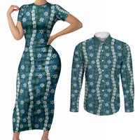 Pikake Maile Tiare Lei Couples Matching Short Sleeve Bodycon Dress and Long Sleeve Button Shirt Polu Lauhala Pattern LT01 Blue - Polynesian Pride