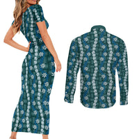 Pikake Maile Tiare Lei Couples Matching Short Sleeve Bodycon Dress and Long Sleeve Button Shirt Polu Lauhala Pattern