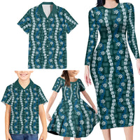 Pikake Maile Tiare Lei Family Matching Long Sleeve Bodycon Dress and Hawaiian Shirt Polu Lauhala Pattern LT01 - Polynesian Pride