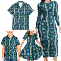 Pikake Maile Tiare Lei Family Matching Long Sleeve Bodycon Dress and Hawaiian Shirt Polu Lauhala Pattern LT01 - Polynesian Pride