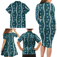 Pikake Maile Tiare Lei Family Matching Long Sleeve Bodycon Dress and Hawaiian Shirt Polu Lauhala Pattern LT01 Mom's Dress Blue - Polynesian Pride