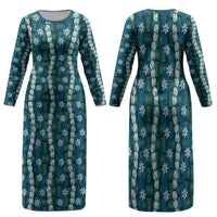 Pikake Maile Tiare Lei Family Matching Long Sleeve Bodycon Dress and Hawaiian Shirt Polu Lauhala Pattern LT01 Mom's Dress Blue - Polynesian Pride