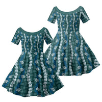 Pikake Maile Tiare Lei Family Matching Long Sleeve Bodycon Dress and Hawaiian Shirt Polu Lauhala Pattern LT01 Daughter's Dress Blue - Polynesian Pride