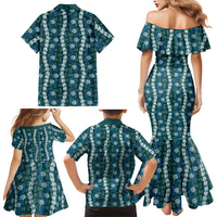 Pikake Maile Tiare Lei Family Matching Mermaid Dress and Hawaiian Shirt Polu Lauhala Pattern LT01 Mom's Dress Blue - Polynesian Pride