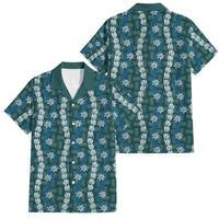Pikake Maile Tiare Lei Family Matching Off The Shoulder Long Sleeve Dress and Hawaiian Shirt Polu Lauhala Pattern LT01 Dad's Shirt - Short Sleeve Blue - Polynesian Pride