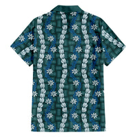 Pikake Maile Tiare Lei Family Matching Off The Shoulder Long Sleeve Dress and Hawaiian Shirt Polu Lauhala Pattern LT01 Dad's Shirt - Long Sleeve Blue - Polynesian Pride