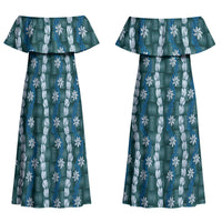 Pikake Maile Tiare Lei Family Matching Off Shoulder Maxi Dress and Hawaiian Shirt Polu Lauhala Pattern LT01 Mom's Dress Blue - Polynesian Pride