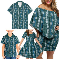 Pikake Maile Tiare Lei Family Matching Off Shoulder Short Dress and Hawaiian Shirt Polu Lauhala Pattern LT01 - Polynesian Pride