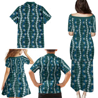 Pikake Maile Tiare Lei Family Matching Puletasi and Hawaiian Shirt Polu Lauhala Pattern LT01 Mom's Dress Blue - Polynesian Pride