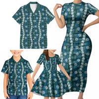 Pikake Maile Tiare Lei Family Matching Short Sleeve Bodycon Dress and Hawaiian Shirt Polu Lauhala Pattern LT01 - Polynesian Pride