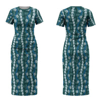 Pikake Maile Tiare Lei Family Matching Short Sleeve Bodycon Dress and Hawaiian Shirt Polu Lauhala Pattern LT01 Mom's Dress Blue - Polynesian Pride