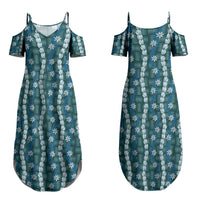 Pikake Maile Tiare Lei Family Matching Summer Maxi Dress and Hawaiian Shirt Polu Lauhala Pattern LT01 Mom's Dress Blue - Polynesian Pride