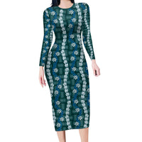 Pikake Maile Tiare Lei Long Sleeve Bodycon Dress Polu Lauhala Pattern LT01 Long Dress Blue - Polynesian Pride