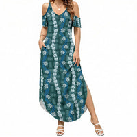 Pikake Maile Tiare Lei Summer Maxi Dress Polu Lauhala Pattern LT01 Women Blue - Polynesian Pride