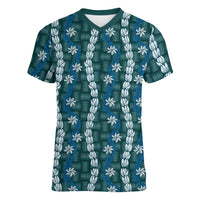 Pikake Maile Tiare Lei Women V-Neck T-Shirt Polu Lauhala Pattern