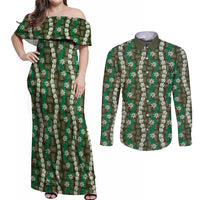 Pikake Maile Tiare Lei Couples Matching Off Shoulder Maxi Dress and Long Sleeve Button Shirt Omaomao Lauhala Pattern