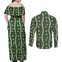 Pikake Maile Tiare Lei Couples Matching Off Shoulder Maxi Dress and Long Sleeve Button Shirt Omaomao Lauhala Pattern LT01 - Polynesian Pride