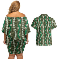 Pikake Maile Tiare Lei Couples Matching Off Shoulder Short Dress and Hawaiian Shirt Omaomao Lauhala Pattern