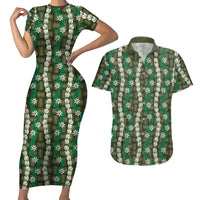 Pikake Maile Tiare Lei Couples Matching Short Sleeve Bodycon Dress and Hawaiian Shirt Omaomao Lauhala Pattern LT01 Green - Polynesian Pride