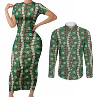 Pikake Maile Tiare Lei Couples Matching Short Sleeve Bodycon Dress and Long Sleeve Button Shirt Omaomao Lauhala Pattern LT01 Green - Polynesian Pride