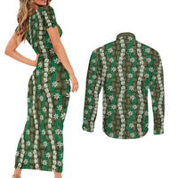 Pikake Maile Tiare Lei Couples Matching Short Sleeve Bodycon Dress and Long Sleeve Button Shirt Omaomao Lauhala Pattern LT01 - Polynesian Pride