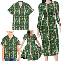 Pikake Maile Tiare Lei Family Matching Long Sleeve Bodycon Dress and Hawaiian Shirt Omaomao Lauhala Pattern