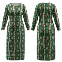 Pikake Maile Tiare Lei Family Matching Long Sleeve Bodycon Dress and Hawaiian Shirt Omaomao Lauhala Pattern LT01 Mom's Dress Green - Polynesian Pride