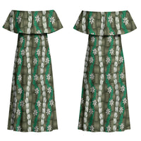 Pikake Maile Tiare Lei Family Matching Off Shoulder Maxi Dress and Hawaiian Shirt Omaomao Lauhala Pattern LT01 Mom's Dress Green - Polynesian Pride