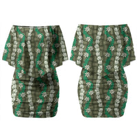 Pikake Maile Tiare Lei Family Matching Off Shoulder Short Dress and Hawaiian Shirt Omaomao Lauhala Pattern LT01 Mom's Dress Green - Polynesian Pride
