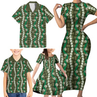 Pikake Maile Tiare Lei Family Matching Short Sleeve Bodycon Dress and Hawaiian Shirt Omaomao Lauhala Pattern