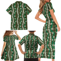 Pikake Maile Tiare Lei Family Matching Short Sleeve Bodycon Dress and Hawaiian Shirt Omaomao Lauhala Pattern LT01 Mom's Dress Green - Polynesian Pride