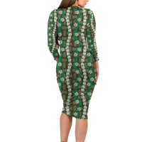 Pikake Maile Tiare Lei Long Sleeve Bodycon Dress Omaomao Lauhala Pattern LT01 - Polynesian Pride