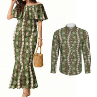 Pikake Maile Tiare Lei Couples Matching Mermaid Dress and Long Sleeve Button Shirt Natural Lauhala Pattern LT01 Brown - Polynesian Pride
