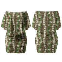 Pikake Maile Tiare Lei Couples Matching Off Shoulder Short Dress and Hawaiian Shirt Natural Lauhala Pattern LT01 - Polynesian Pride