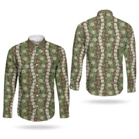 Pikake Maile Tiare Lei Couples Matching Off The Shoulder Long Sleeve Dress and Long Sleeve Button Shirt Natural Lauhala Pattern LT01 - Polynesian Pride