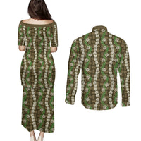 Pikake Maile Tiare Lei Couples Matching Puletasi and Long Sleeve Button Shirt Natural Lauhala Pattern LT01 - Polynesian Pride