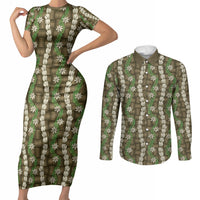 Pikake Maile Tiare Lei Couples Matching Short Sleeve Bodycon Dress and Long Sleeve Button Shirt Natural Lauhala Pattern LT01 Brown - Polynesian Pride