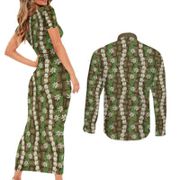 Pikake Maile Tiare Lei Couples Matching Short Sleeve Bodycon Dress and Long Sleeve Button Shirt Natural Lauhala Pattern LT01 - Polynesian Pride