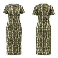 Pikake Maile Tiare Lei Couples Matching Short Sleeve Bodycon Dress and Long Sleeve Button Shirt Natural Lauhala Pattern LT01 - Polynesian Pride