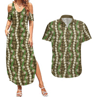 Pikake Maile Tiare Lei Couples Matching Summer Maxi Dress and Hawaiian Shirt Natural Lauhala Pattern