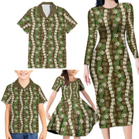 Pikake Maile Tiare Lei Family Matching Long Sleeve Bodycon Dress and Hawaiian Shirt Natural Lauhala Pattern LT01 - Polynesian Pride