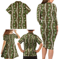 Pikake Maile Tiare Lei Family Matching Long Sleeve Bodycon Dress and Hawaiian Shirt Natural Lauhala Pattern LT01 Mom's Dress Brown - Polynesian Pride