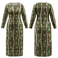 Pikake Maile Tiare Lei Family Matching Long Sleeve Bodycon Dress and Hawaiian Shirt Natural Lauhala Pattern LT01 Mom's Dress Brown - Polynesian Pride