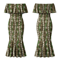 Pikake Maile Tiare Lei Family Matching Mermaid Dress and Hawaiian Shirt Natural Lauhala Pattern LT01 Mom's Dress Brown - Polynesian Pride