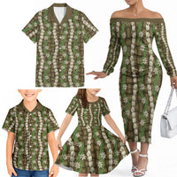Pikake Maile Tiare Lei Family Matching Off The Shoulder Long Sleeve Dress and Hawaiian Shirt Natural Lauhala Pattern LT01 - Polynesian Pride